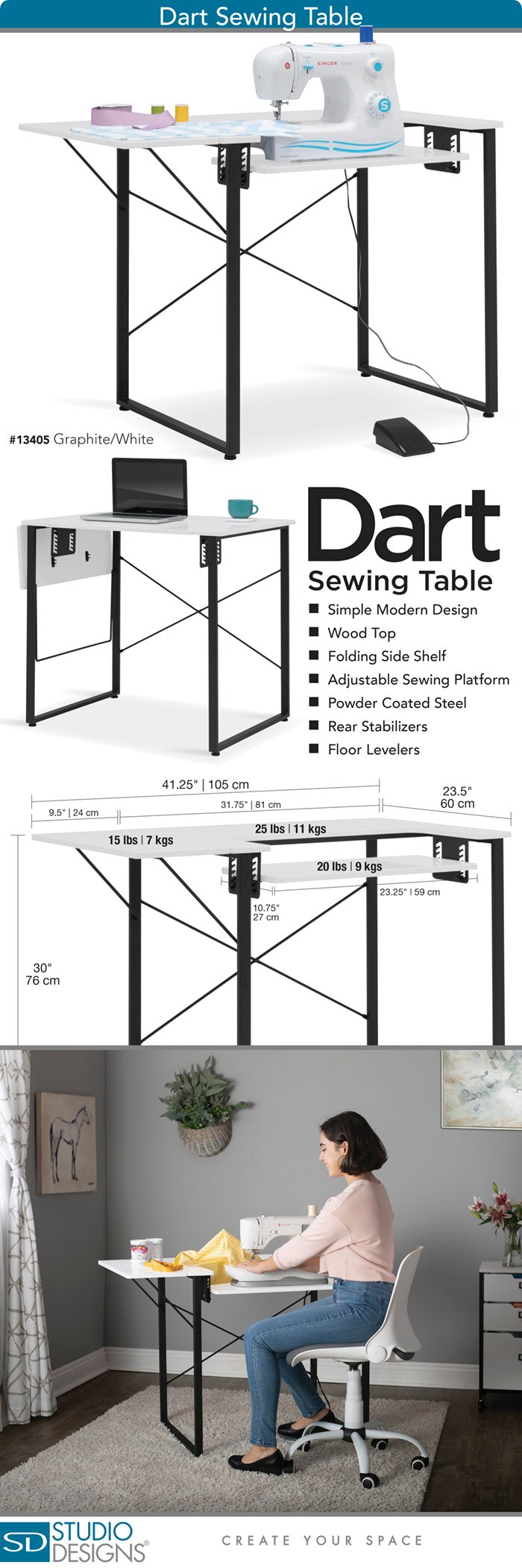 Sew Ready Dart MDF Sewing Machine Table with Adjustable Dropdown